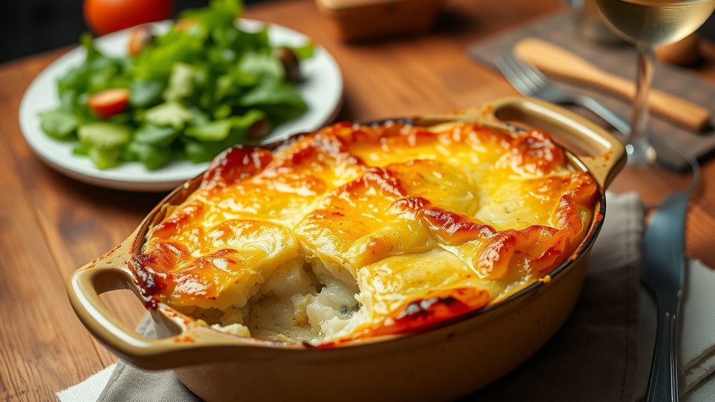 Classic Fish Pie Recipe A golden brown fish pie with crispy potato topping in a rustic dish, served with salad and wine on a wooden table.